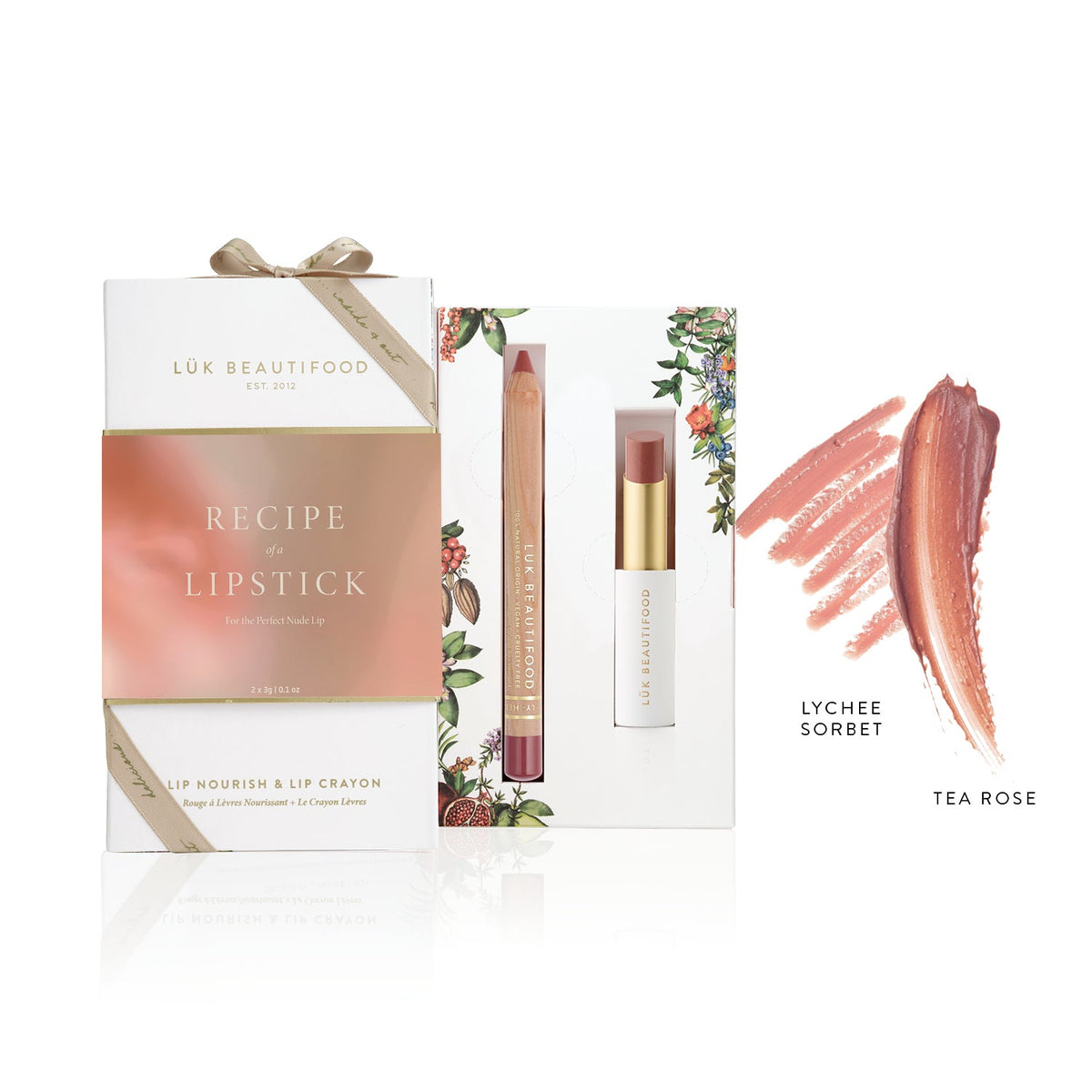 Lük Beautifood Recipe of a Lipstick Gift Set — Tea Rose Lip Nourish and Lychee Sorbet Lipstick Crayon
