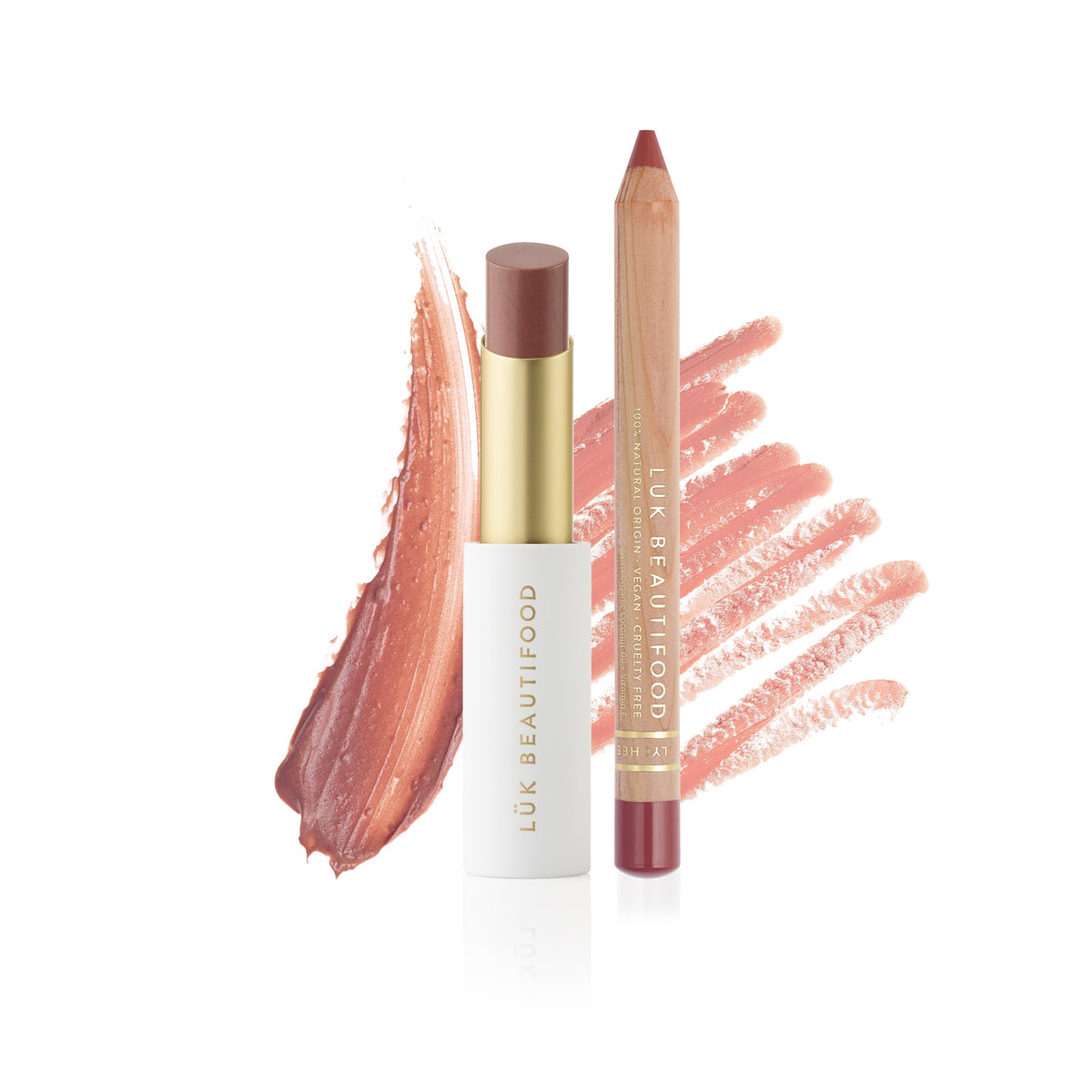 Lip Nourish and Lipstick Crayon shown with swatch — the two steps of the Recipe of a Lipstick