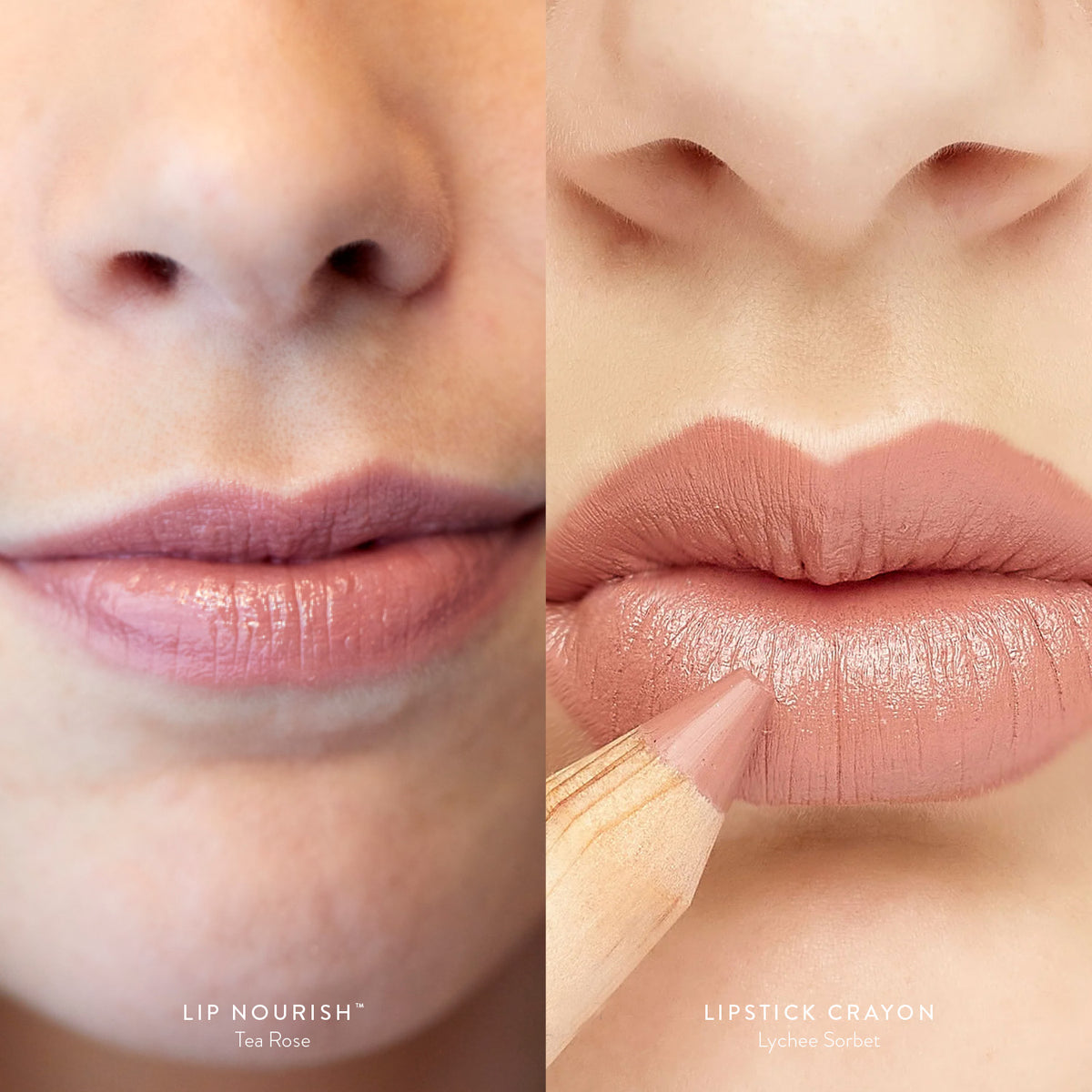 Recipe of a Lipstick on the lips — Lychee Sorbet Lipstick Crayon lined and filled, topped with Tea Rose Lip Nourish