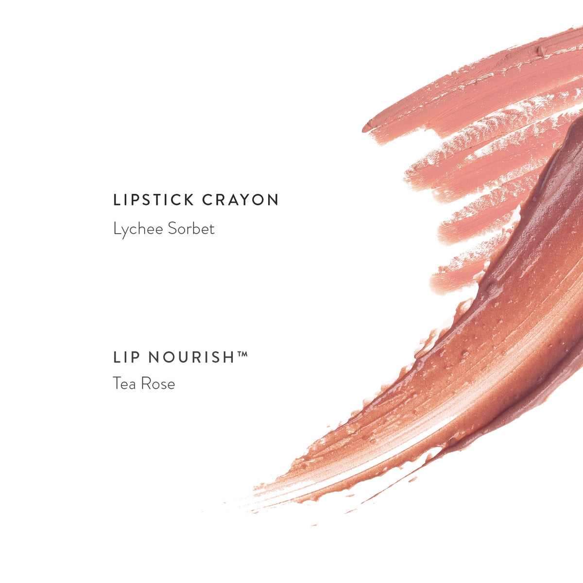 Tea Rose Lip Nourish and Lychee Sorbet Lipstick Crayon swatches