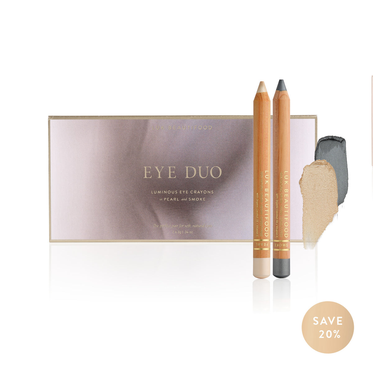 Lük Beautifood Soft Smoke Eye Duo Christmas gift set — Smoke and Pearl eye crayons with gift box and swatches