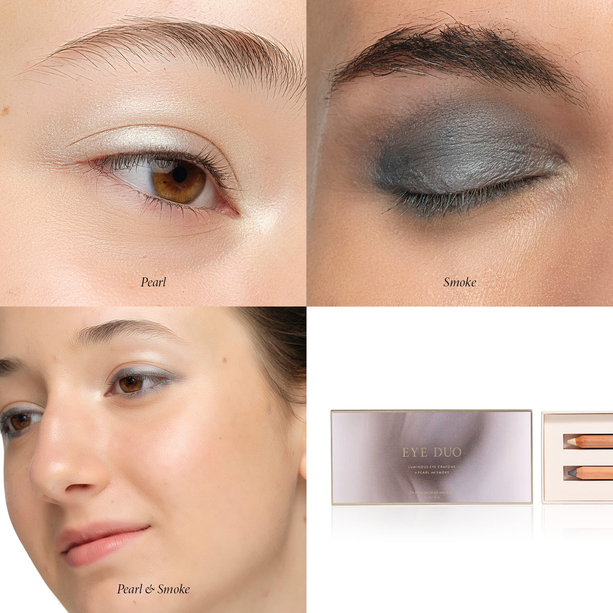 Soft Smoke Eye Duo on the eye — Smoke and Pearl Luminous Eye Crayons