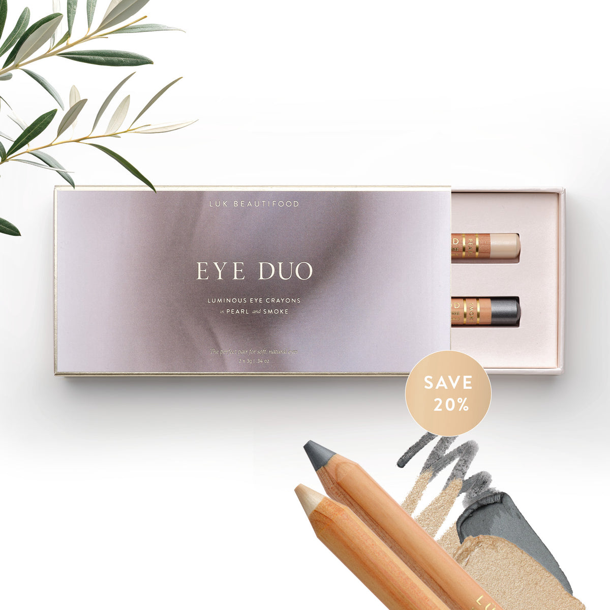 Lük Beautifood Soft Smoke Eye Duo gift box open with Smoke and Pearl eye crayons