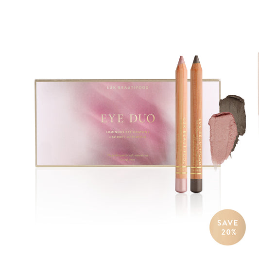 Lük Beautifood Soft Taupe Eye Duo Christmas gift set — Truffle and Sorbet eye crayons with gift box and swatches