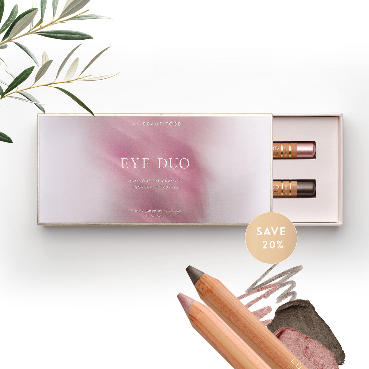 Lük Beautifood Soft Taupe Eye Duo gift box open with Truffle and Sorbet eye crayons