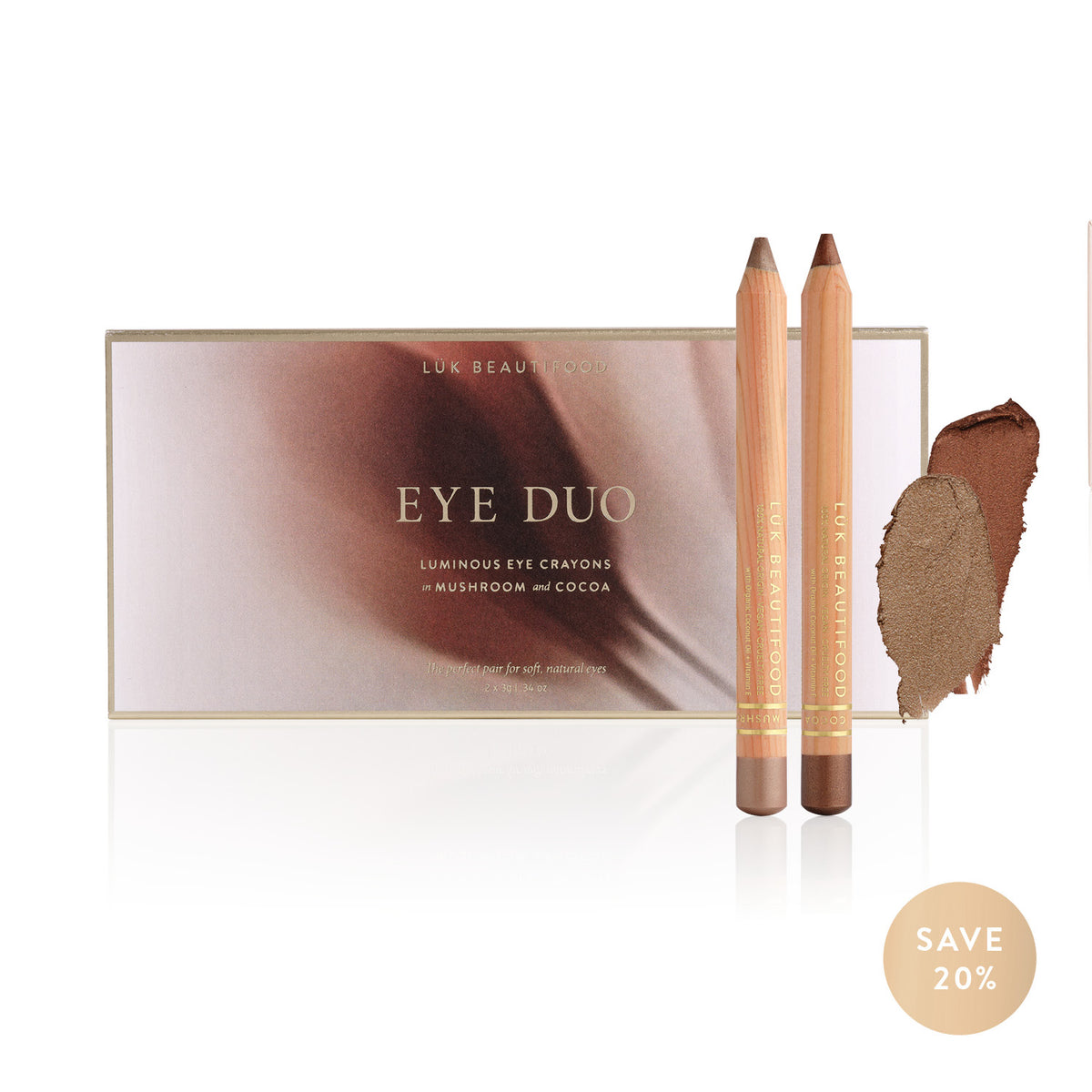 Lük Beautifood Warm Cocoa Eye Duo Christmas gift set — Cocoa and Mushroom eye crayons with gift box and swatches