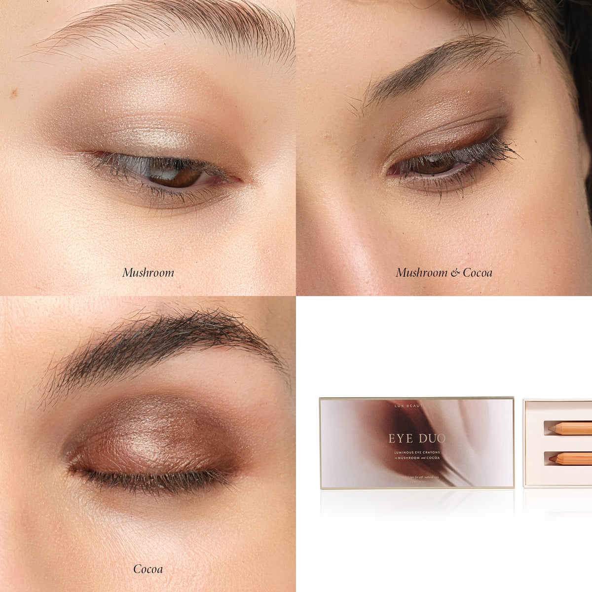 Warm Cocoa Eye Duo on the eye — Cocoa and Mushroom Luminous Eye Crayons