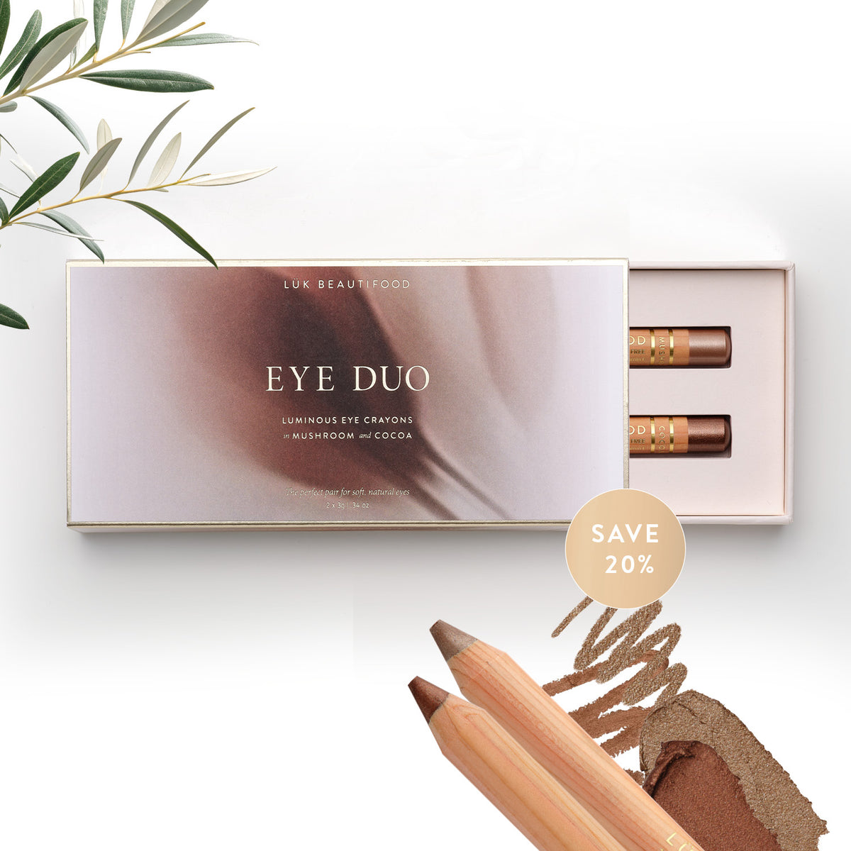 Lük Beautifood Warm Cocoa Eye Duo gift box open with Cocoa and Mushroom eye crayons