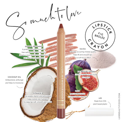 Luk Beautifood Natural Lipstick Crayon & lip liner in neutral shade Fig Brulee. Vegan Lipstick