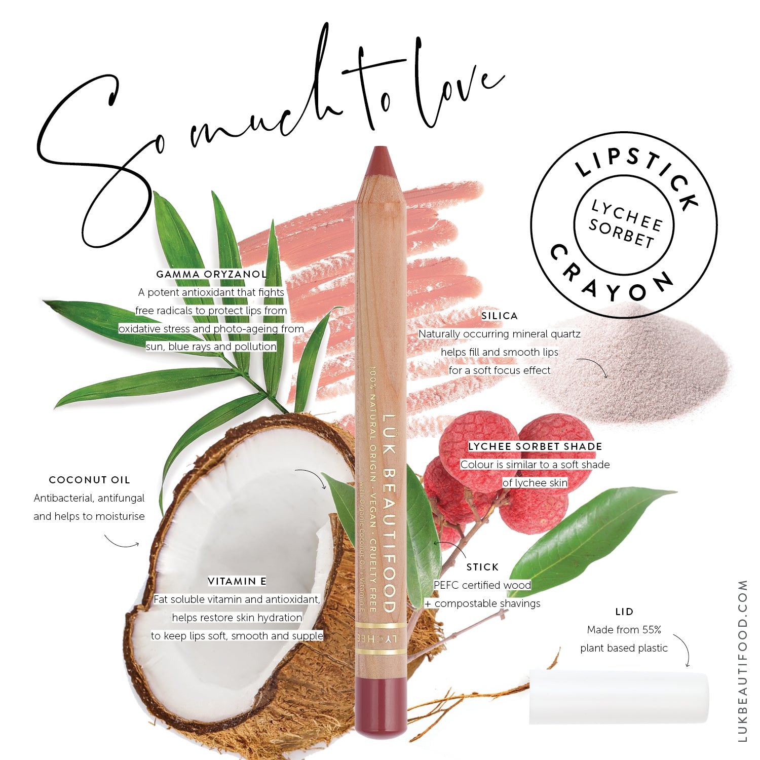 Luk Beautifood Natural Lipstick Crayon & lip liner in neutral shade Lychee Sorbet. Vegan Lipstick