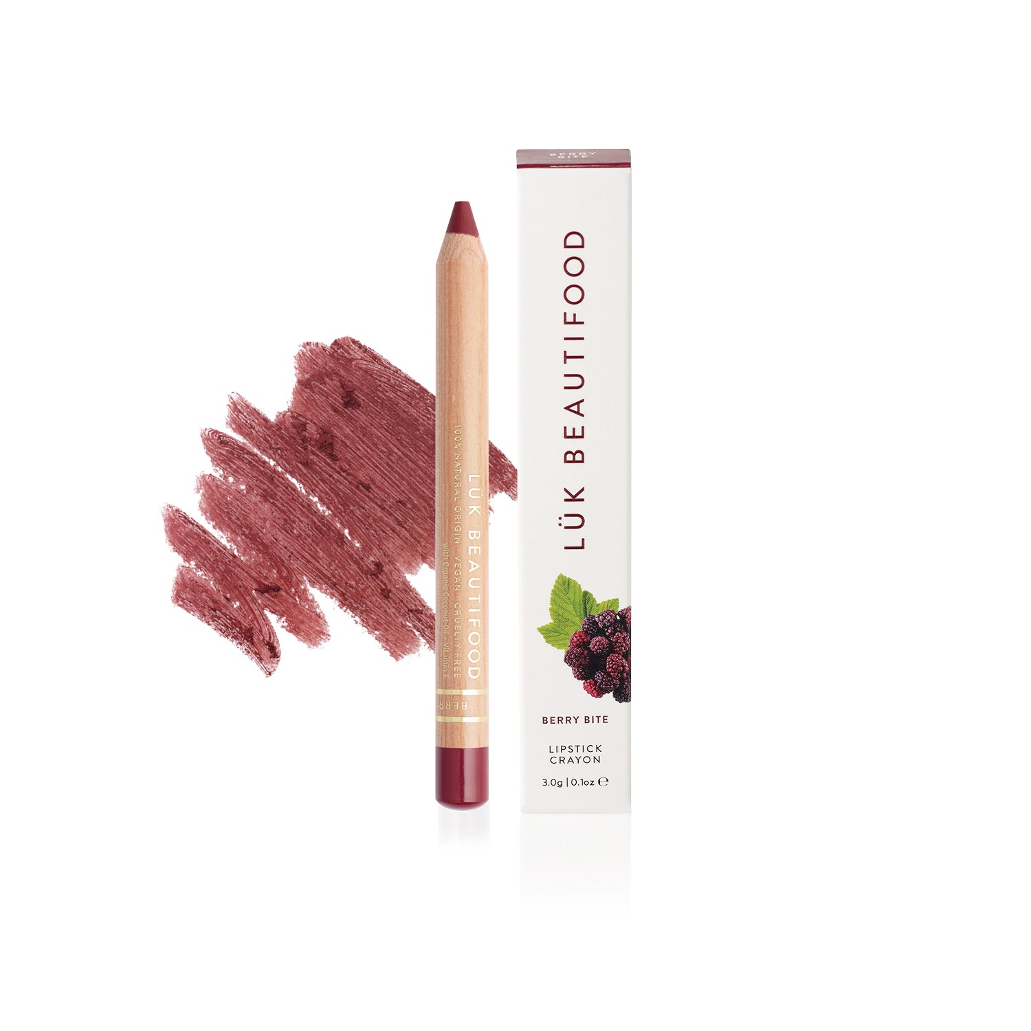 Luk Beautifood Natural Lipstick Crayon & lip liner in neutral shade Berry Bite. Vegan. Sustainable Beauty Packaging.