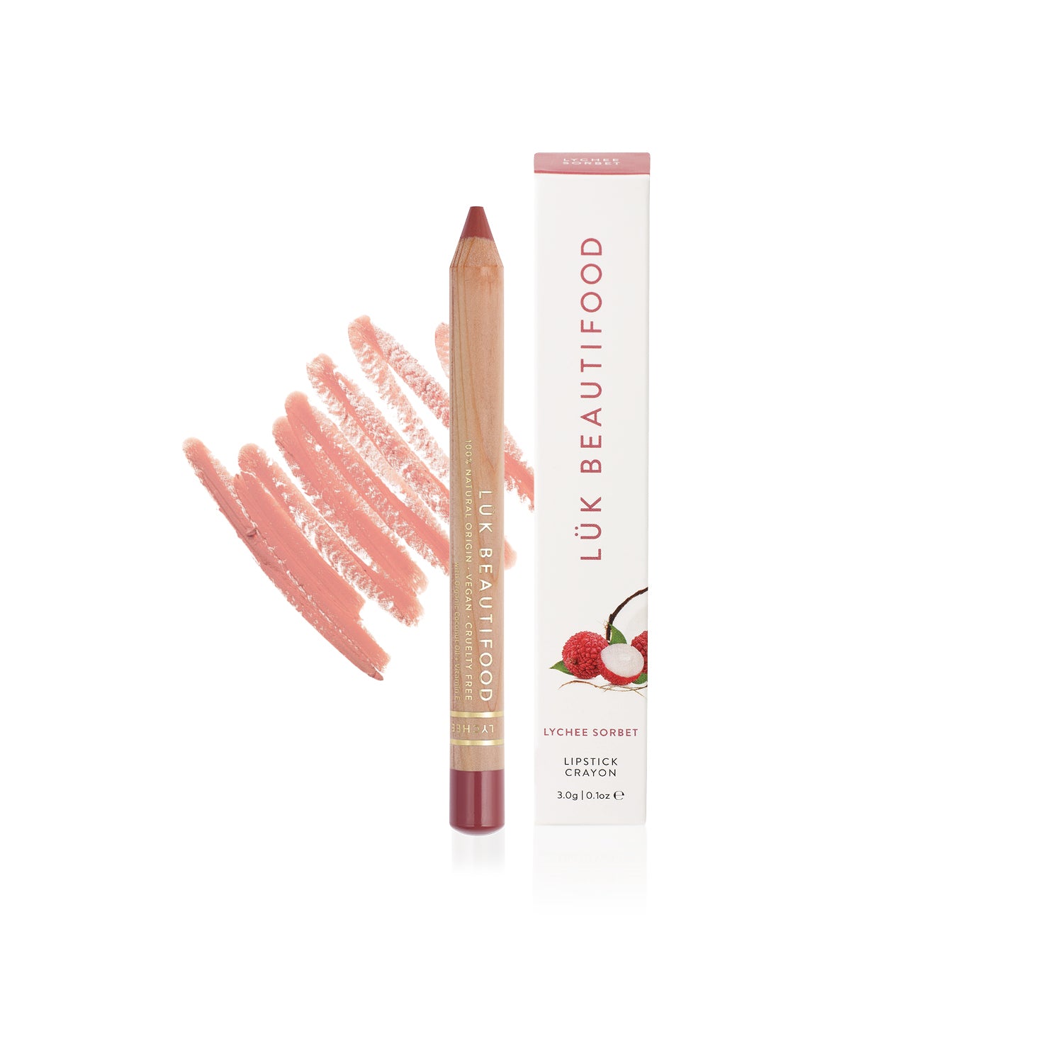 Luk Beautifood Natural Lipstick Crayon & lip liner in neutral shade Lychee Sorbet Vegan. Sustainable Beauty Packaging. Vegan