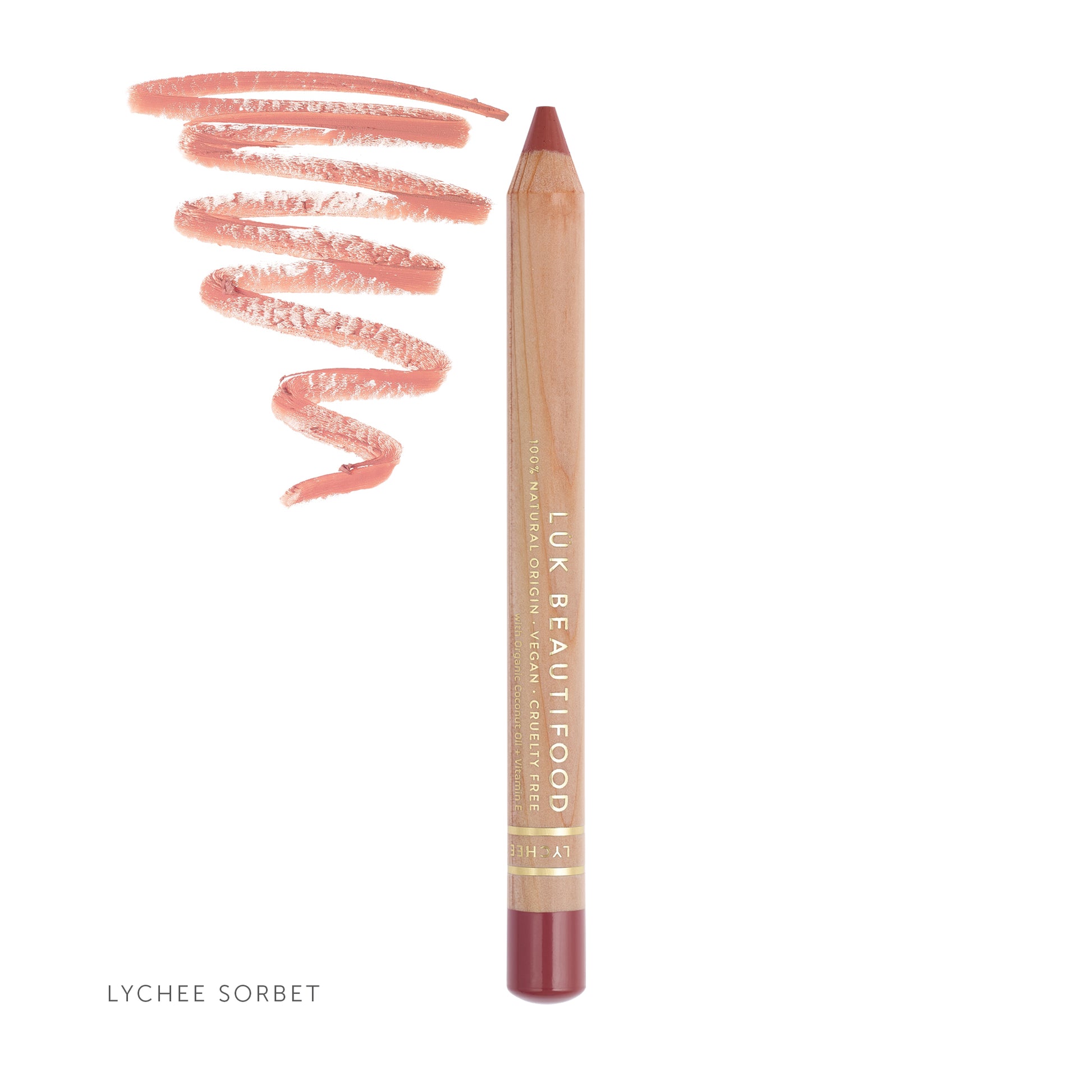 Luk Beautifood Natural Lipstick Crayon & lip liner in Nude shade Lychee Sorbet Vegan. Sustainable Packaging.