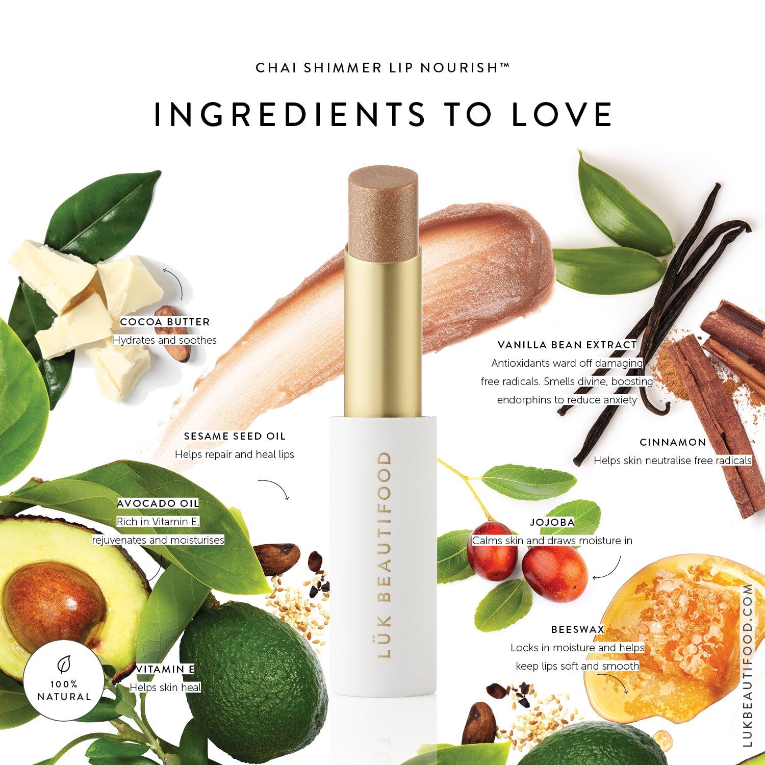 Lip Nourish Chai Shimmer - Ingredients to love. 100% Natural Lipstick