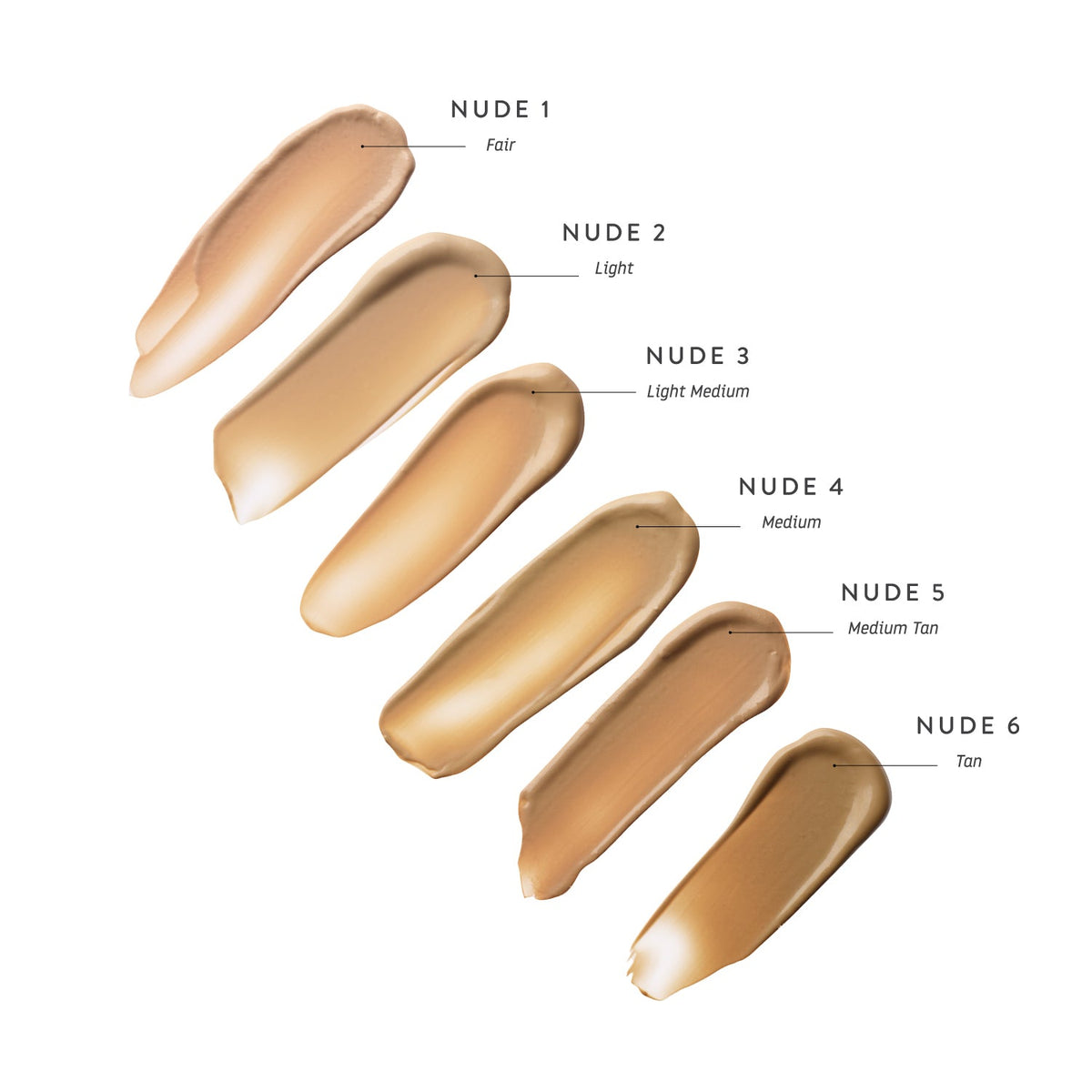 All six LÜK Beautifood Instant Glow Skin Tint shades swatched side by side, from Nude 1 Fair to Nude 6 Tan