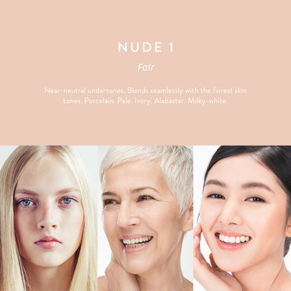 Nude 1 Fair: LÜK Beautifood Instant Glow Skin Tint shade for fair skin tones, shown on models