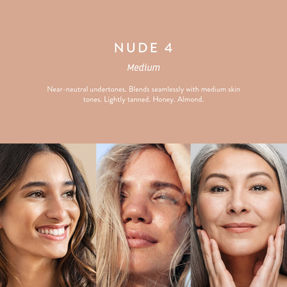 Nude 4 Medium: LÜK Beautifood Instant Glow Skin Tint shade for medium skin tones, shown on models