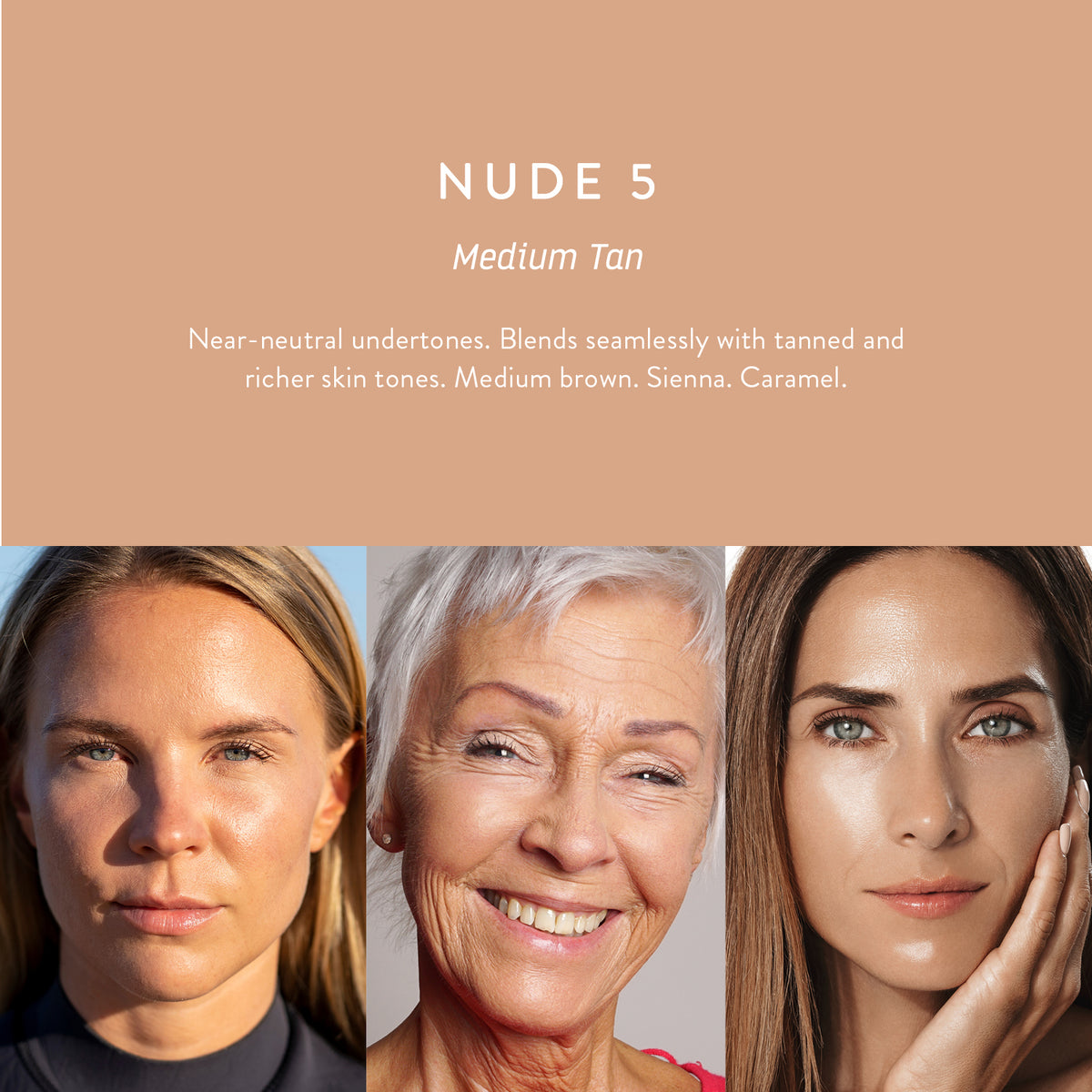 Nude 5 Medium Tan: LÜK Beautifood Instant Glow Skin Tint shade for medium to tan skin tones, shown on models